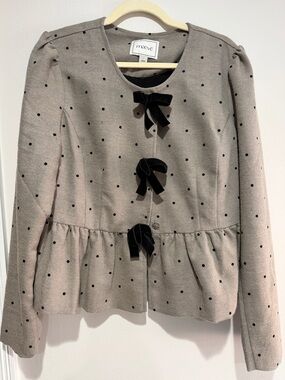 Maeve Taupe Polka Dot Peplum Cardigan with Velvet Bows